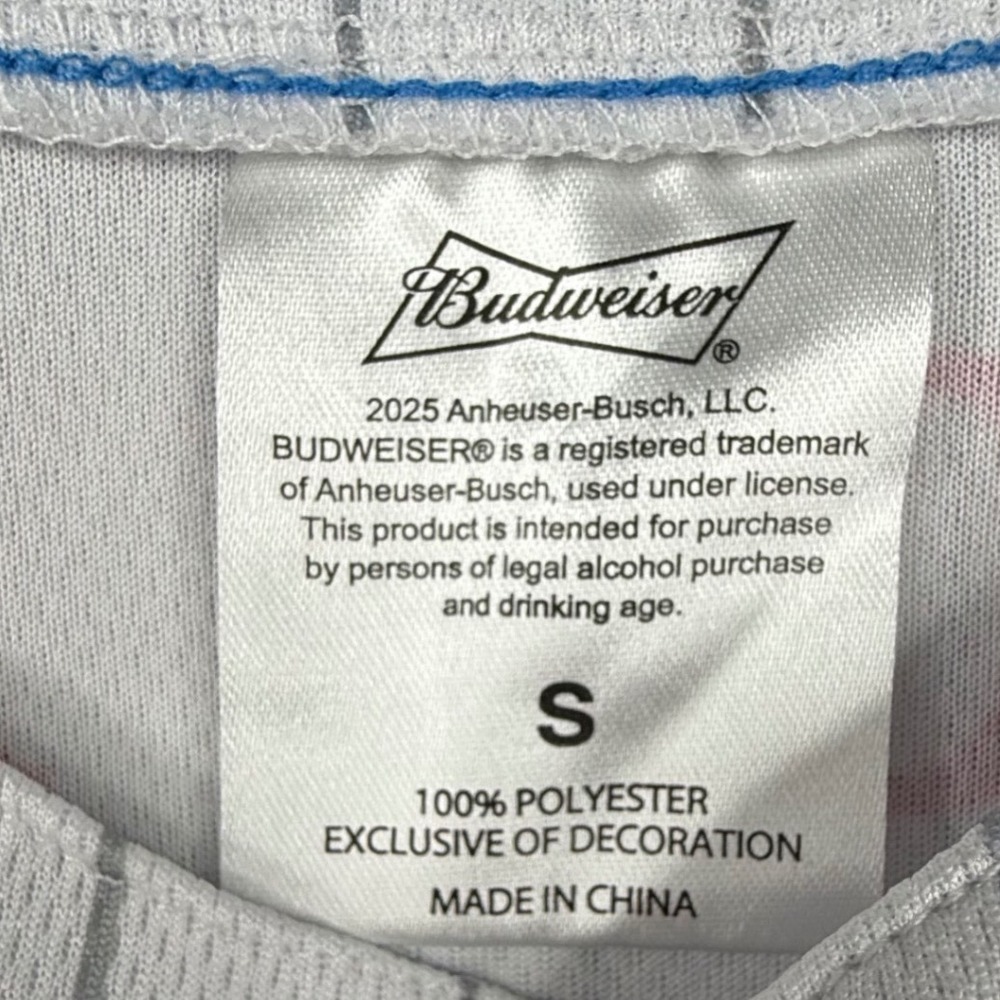 Budweiser Baseball Jersey Mens Small White Blue Pinstripe King of Beers Graphic - Picture 2 of 9